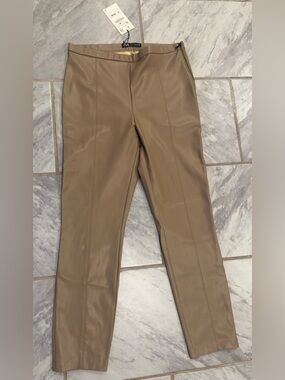 NWT Zara Women’s Brown Faux Leather Pants With Slits Size XL (32Wx28L)